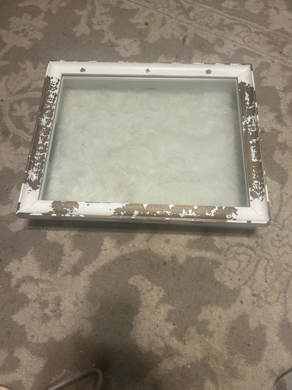 Distressed White Rustic Shabby Chic  Shadow box  with Glass Top 16”W x 13”H